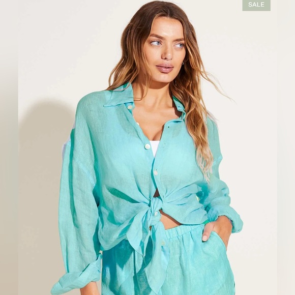 Vitamin A Other - NWT Vitamin A Size Large Blue Top Button Front Aqua Linen Mother of Pearl Button